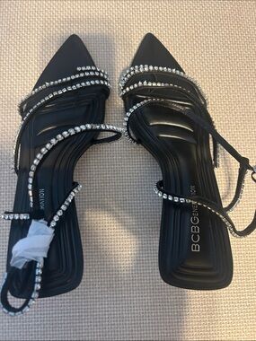 BCBGeneration Black Rhinestone Strappy Pointed Heels